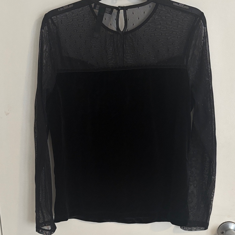 Ralph Lauren Velvet and Lace Black Sheer Sleeve Blouse - Picture 3 of 6